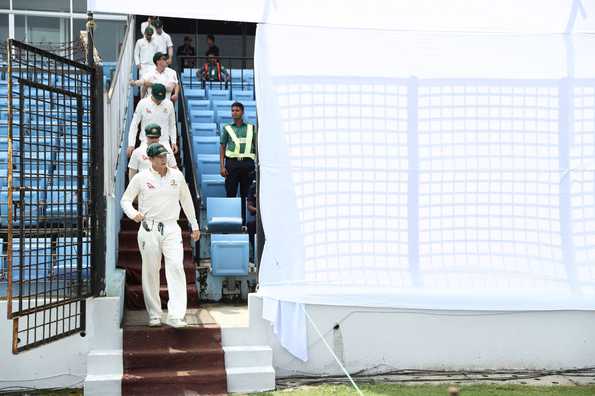 Security was beefed up after rock was hurled at Australia team bus at the end of opening day's play of the second Test at Chittagong.