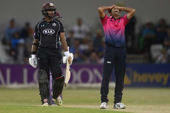 Mohammad Azharullah is distraught after Kumar Sangakkara hit the winning runs off the final delivery