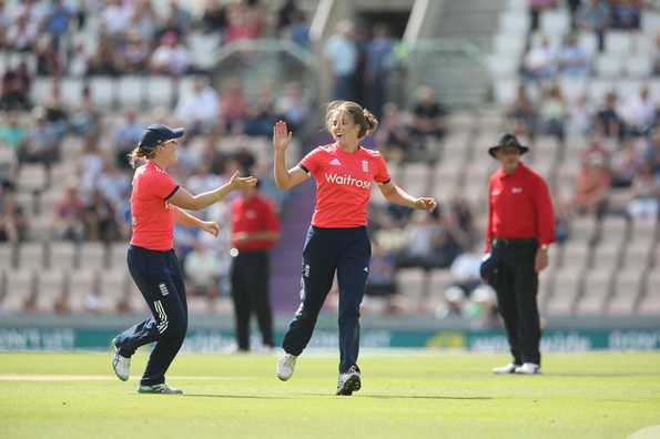 Natalie Sciver celebrates taking the wicket of Sidra Nawaz