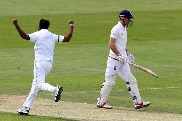 Milestone-chasing Alastair Cook became Dasun Shanaka's first Test scalp