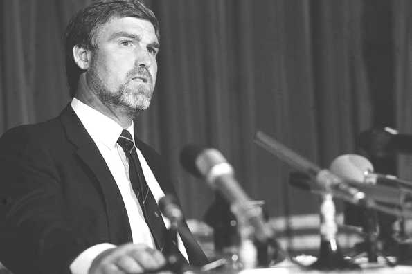 Mike Gatting in a press conference at Lord's where he defended his decision to tour South Africa