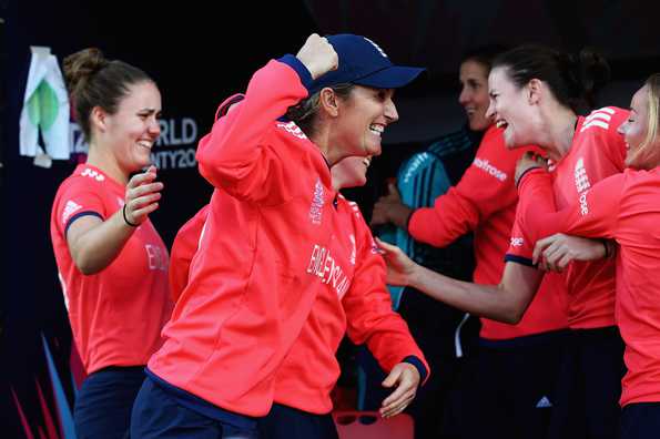 England women celebrate after clinching the thriller.