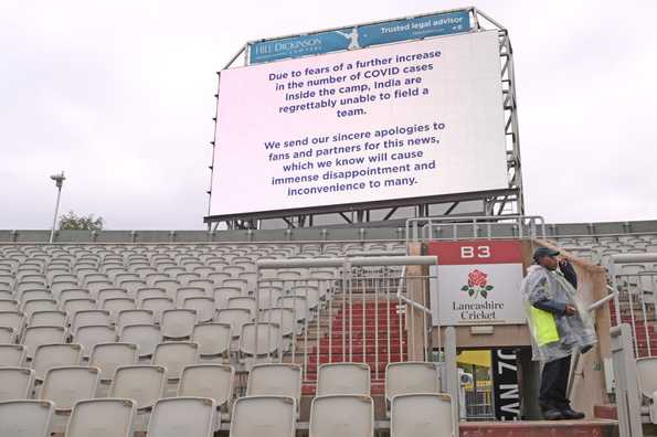 A message of the Test match being cancelled at the Old Trafford stadium.