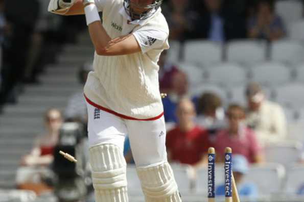 Stuart Broad is bowled by Peter Siddle (not pictured) for 11 in the fifth Ashes test at The Oval on August 23, 2015