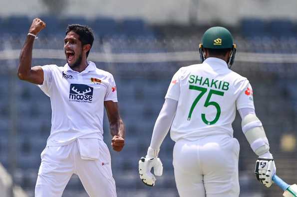 Rajitha dismissed Shakib Al Hasan for a first-ball duck.