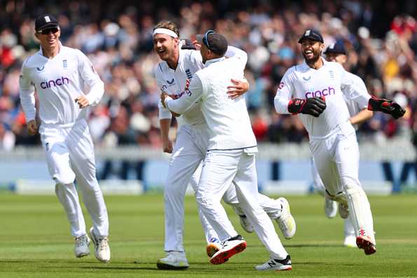 Three wickets fell in a Stuart Broad over that triggered the collapse