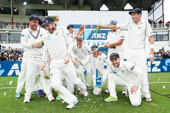 New Zealand players celebrate after the series win.