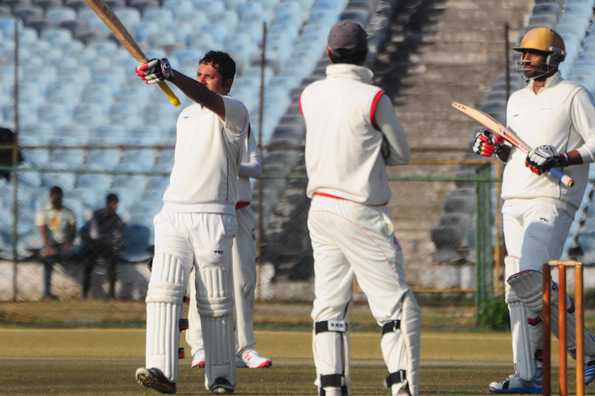 Pranay Sharma batted through the first day and hit 16 fours and a six in his unbeaten 118.