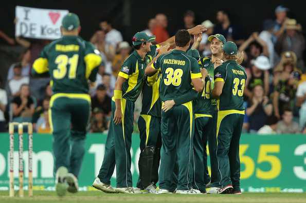 Josh Hazlewood celebrates with team mates after taking the wicket of Quinton de Kock.