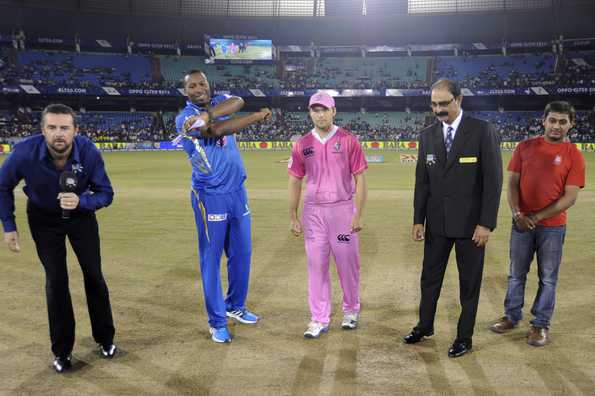 Kieron Pollard, captain of Mumbai Indians and Daniel Flynn, Captain of Northern Knights during the toss.