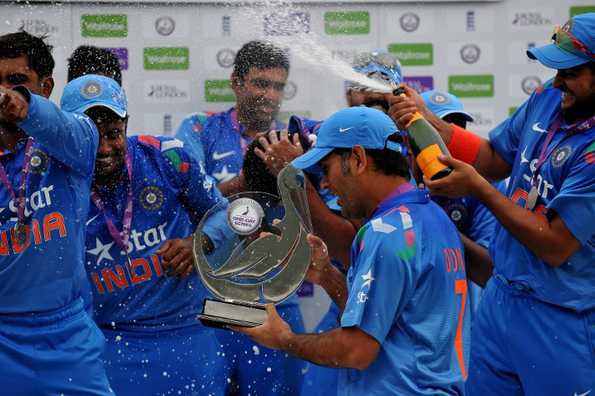 Mahendra Singh Dhoni with the trophy after India won the ODI series against England.