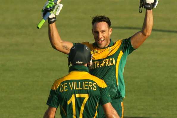 Faf du Plessis celebrates his maiden ODI century.