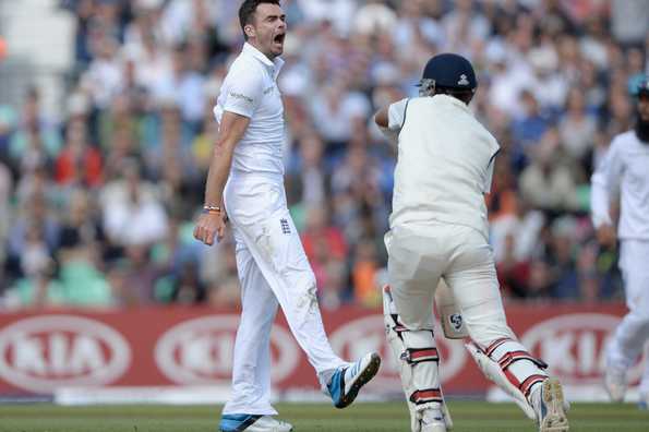 James Anderson of England celebrates dismissing Cheteshwar Pujara