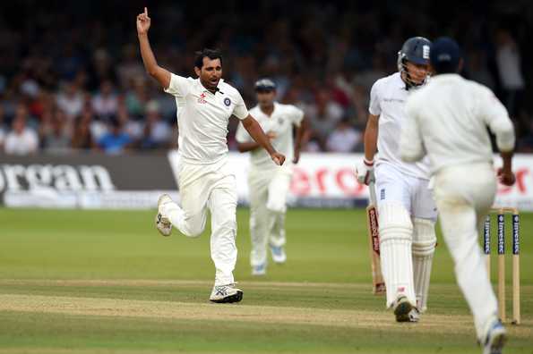 Mohammed Shami celebrates after dismissing Gary Ballance.