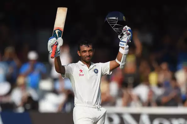 India batsman Ajinkya Rahane celebrates after reaching his century during day one of 2nd Investec Test match between England and India at Lord's Cricket Ground on July 17, 2014 in London, United Kingdom. 