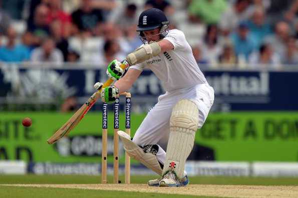 Sam Robson hits the ball to score his maiden century on the second day of the second Test between England and Sri Lanka at Headingley on June 21, 2014