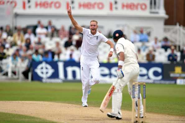 India batsman Virat Kohli is dismissed by England bowler Stuart Broad during day five of the 1st Investec Test Match between England and India at Trent Bridge on July 13, 2014 in Nottingham, England. 