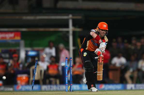 David Warner of Sunrisers Hyderabad is bowled by Morne Morkel of Kolkata Knight Riders.