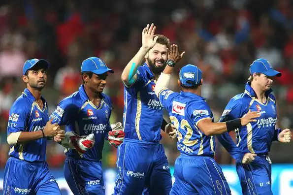 Rajasthan Royals players celebrate after taking the wicket of Virat Kohli.