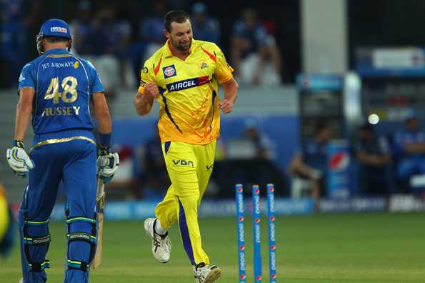 Ben Hilfenhaus celebrates the wicket of Michael Hussey of the Mumbai Indians during match 13 of the Pepsi Indian Premier League Season 7 between the Chennai Superkings and the Mumbai indians held at the Dubai International Stadium, Dubai, United Arab Emirates on the 25th April 2014
Photo by Ron Gaunt / IPL / SPORTZPICS