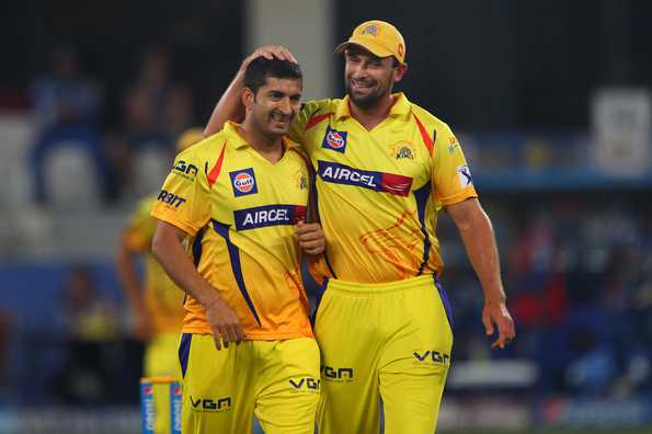 Mohit Sharma of The Chennai Superkings and Ben Hilfenhaus of The Chennai Superkings celebrate thew wicket of Ambati Rayudu of the Mumbai Indians during match 13 of the Pepsi Indian Premier League Season 7 between the Chennai Superkings and the Mumbai indians held at the Dubai International Stadium, Dubai, United Arab Emirates on the 25th April 2014
Photo by Ron Gaunt / IPL / SPORTZPICS