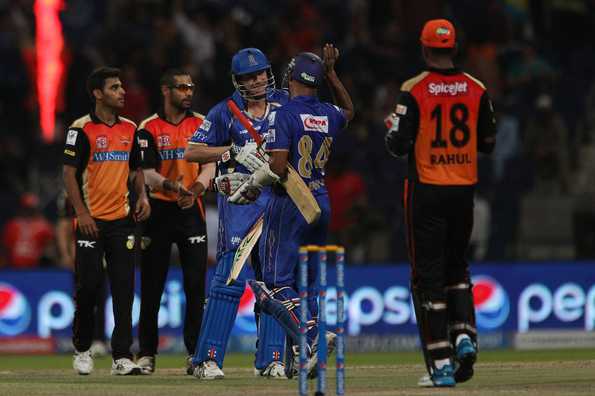 James Faulkner and Stuart Binney of the Rajatshan Royals celebrate the win