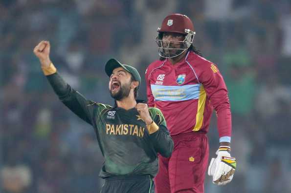 Ahmed Shehzad celebrates the dismissal of Chris Gayle.