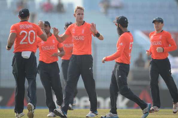 England captain Stuart Broad celebrates with teammates after dismissing Michael Swart of the Netherlands during the ICC World Twenty20 Bangladesh 2014 Group 1 match between England and the Netherlands at Zahur Ahmed Chowdhury Stadium on March 31, 2014 in Chittagong, Bangladesh. 