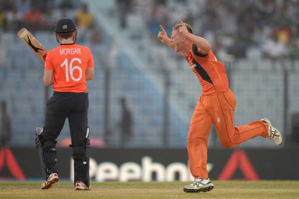 Timm van der Gugten of the Netherlands celebrates dismissing Eoin Morgan of England during the ICC World Twenty20 Bangladesh 2014 Group 1 match between England and the Netherlands at Zahur Ahmed Chowdhury Stadium on March 31, 2014 in Chittagong, Bangladesh. 