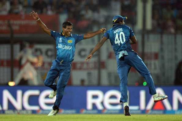 Nuwan Kulasekara celebrates after picking up a wicket.