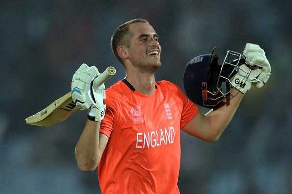 Alex Hales celebrates his century.