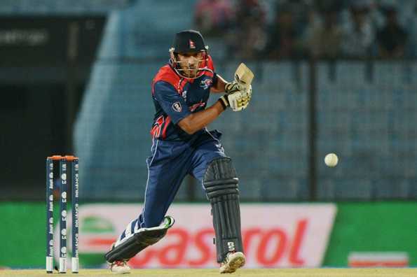 Nepal captain Paras Khadka plays a shot.