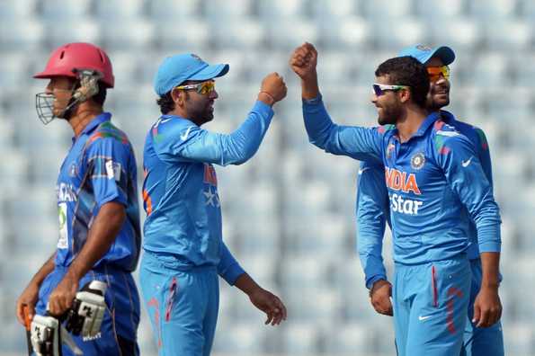 Ravindra Jadeja celebrates after picking up a wicket.