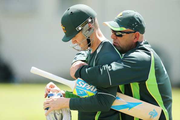 Darren Lehmann with Michael Clarke during an Australian nets session.