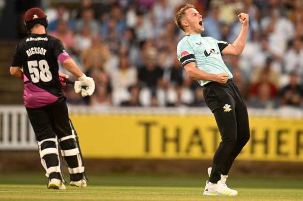 Sam Curran celebrates his five-wicket haul against Somerset.