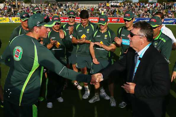 James Muirhead is welcomed to the team by Rodney Marsh for his first international game.