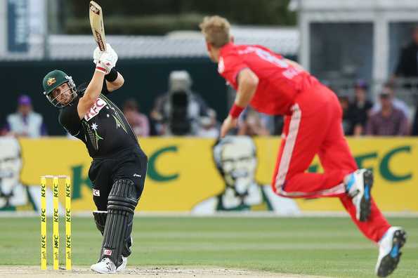 Aaron Finch hits a six off Stuart Broad.