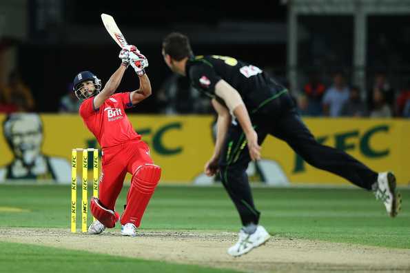 Ravi Bopara goes over the top.