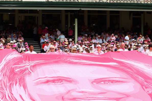 A banner is unveiled with an image of Jane McGrath on Jane McGrath Day during day three of the Fifth Ashes Test match between Australia and England at Sydney Cricket Ground on January 5, 2014 in Sydney, Australia. 