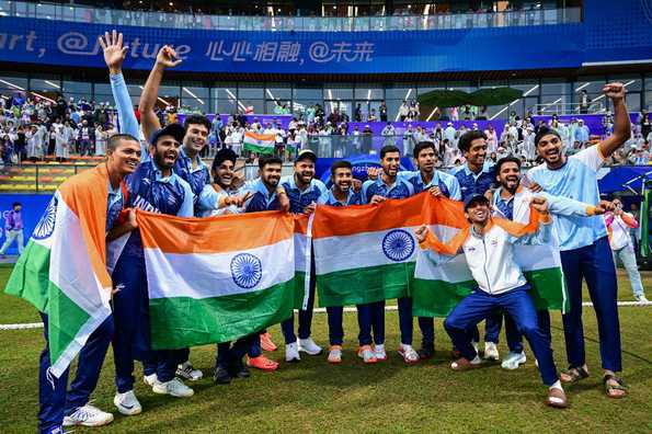 Indian team celebrate after claiming gold in the Asian Games Men's Cricket section