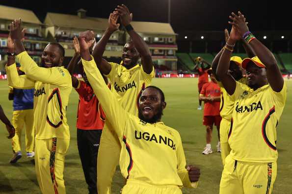 Uganda celebrated their victory over PNG with a lap around the ground.