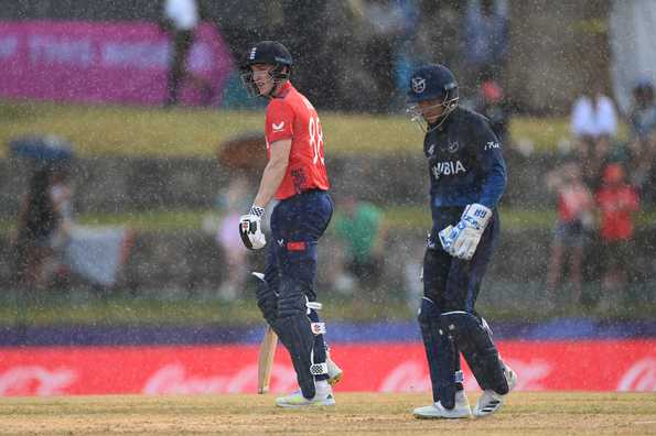 Harry Brook struck a 20-ball 47 not out in a rain-affected game against Namibia