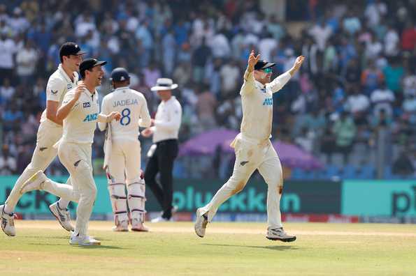 Latham leads the celebrations in Mumbai after the historic series win.