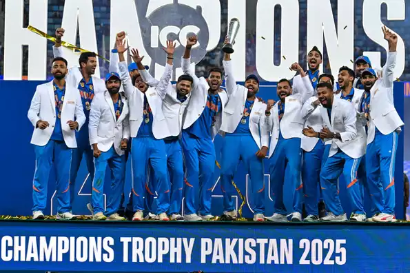 India team celebrate their third Champions Trophy triumph.