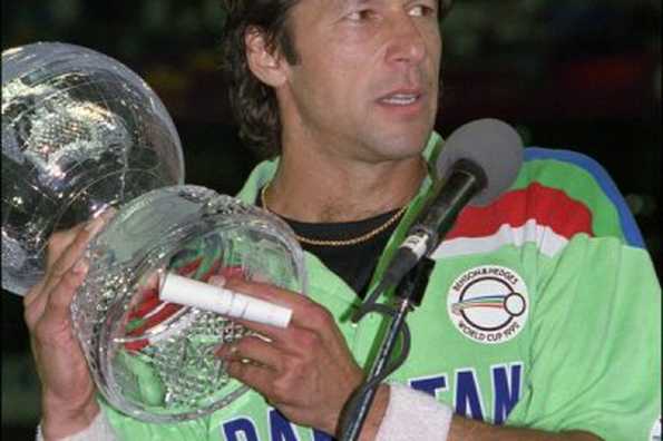 Pakistan captain Imran Khan holds the 1992 World Cup Trophy at the Melbourne Cricket Ground in March, 1992. Pakistan's recovery from the brink to win the title under inspirational skipper Imran and New Zealand captain Martin Crowe's shrewd tactics of using off-spinner Dipak Patel in the early overs were among the highlights of 1992 edition.