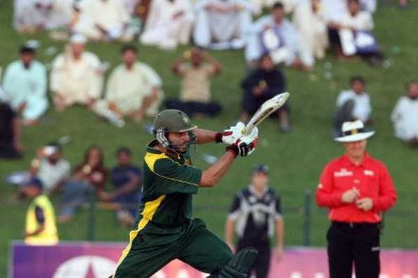 Pakistan's Shahid Afridi plays a shot during the first one-day international against New Zealand in the Gulf emirate of Abu Dhabi on November 3. Afridi Friday hoped his more responsible approach to batting and effective bowling would help Pakistan defend the World Twenty20 title and win the 2011 World Cup.