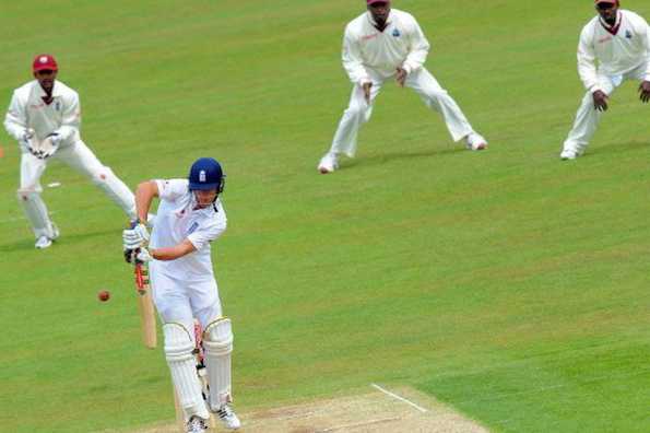 England batsman Alastair Cook (2ndL) hits the ball during the third day of the second NPower cricket test match against West Indies at Chester-le-Street in northeast England. James Anderson took three wickets after Cook had made a Test-best 160 as England closed in on a series win over the West Indies.