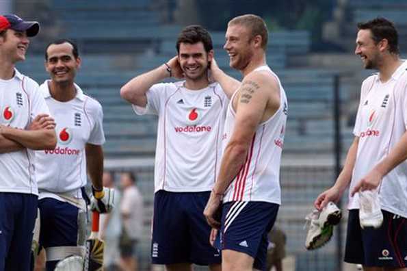 England cricketer Andrew Flintoff (2nd from right) with team-mates during a training session in Chennai on December 9, 2008. England will donate half their match fees from the first Test against India to the families of victims of last month's attacks in Mumbai, batsman Alastair Cook said on Tuesday.