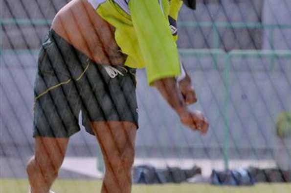 Pakistani pacer Shoaib Akhtar bowls at a practice session in Karachi on November 8. Akhtar will miss the first one-day match against the West Indies here on Wednesday after pulling his left calf muscle during a practice session Tuesday night.