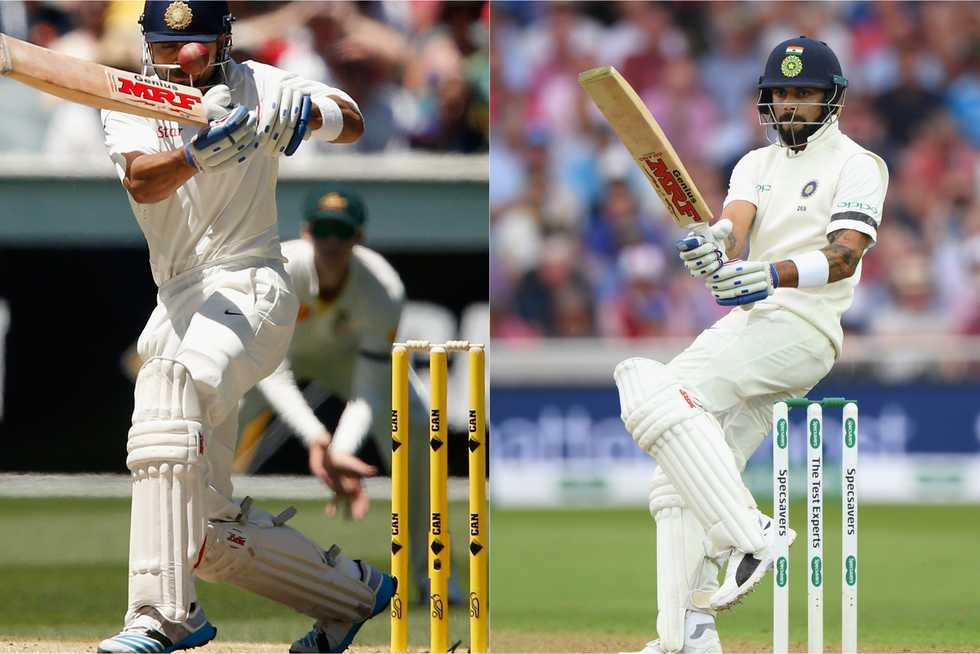 Left: Kohli pulling with a closed stance, and getting late on the shot. Right: Kohli pulling with a more tall and open stance and nailing the pull to perfection